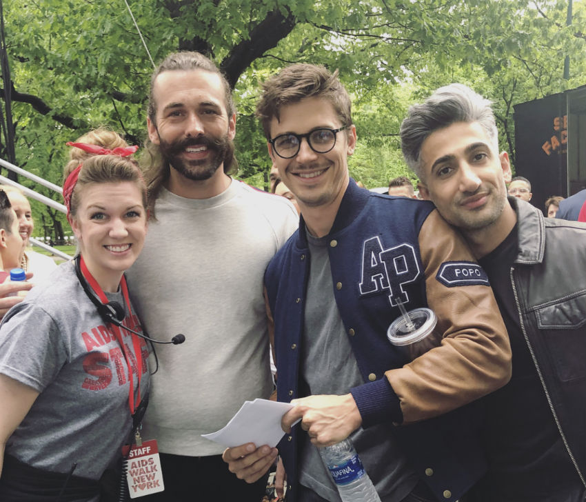 Queer Eye stars Jonathan Van Ness, Antoni Porowski and Tan France with an AIDS Walk volunteer 