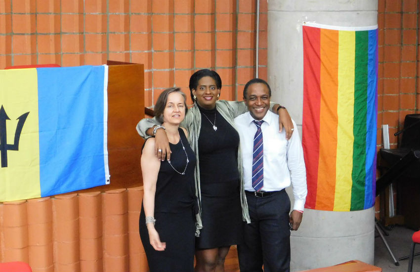 From left, Pro-bono Litigation Counsel for the Petitioners, Yvonne Chisolm, Barbadian Trans Advocate Alexa Hoffmann, and Senior Policy Analyst with the Canadian HIV/AIDS Legal Network, Maurice Tomlinson.