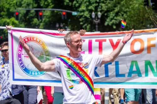 Portland OR, USA - June 17, 2018: Portland's mayor, Ted Wheeler during the 2018 Pride Parade through the streets of downtown Portland.