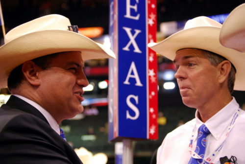 Texas delegates Rene Diaz (L) and David Barton (R) chat while at the Republican National Convention at the Xcel Energy Center on September 3, 2008 in St Paul, Minnesota.
